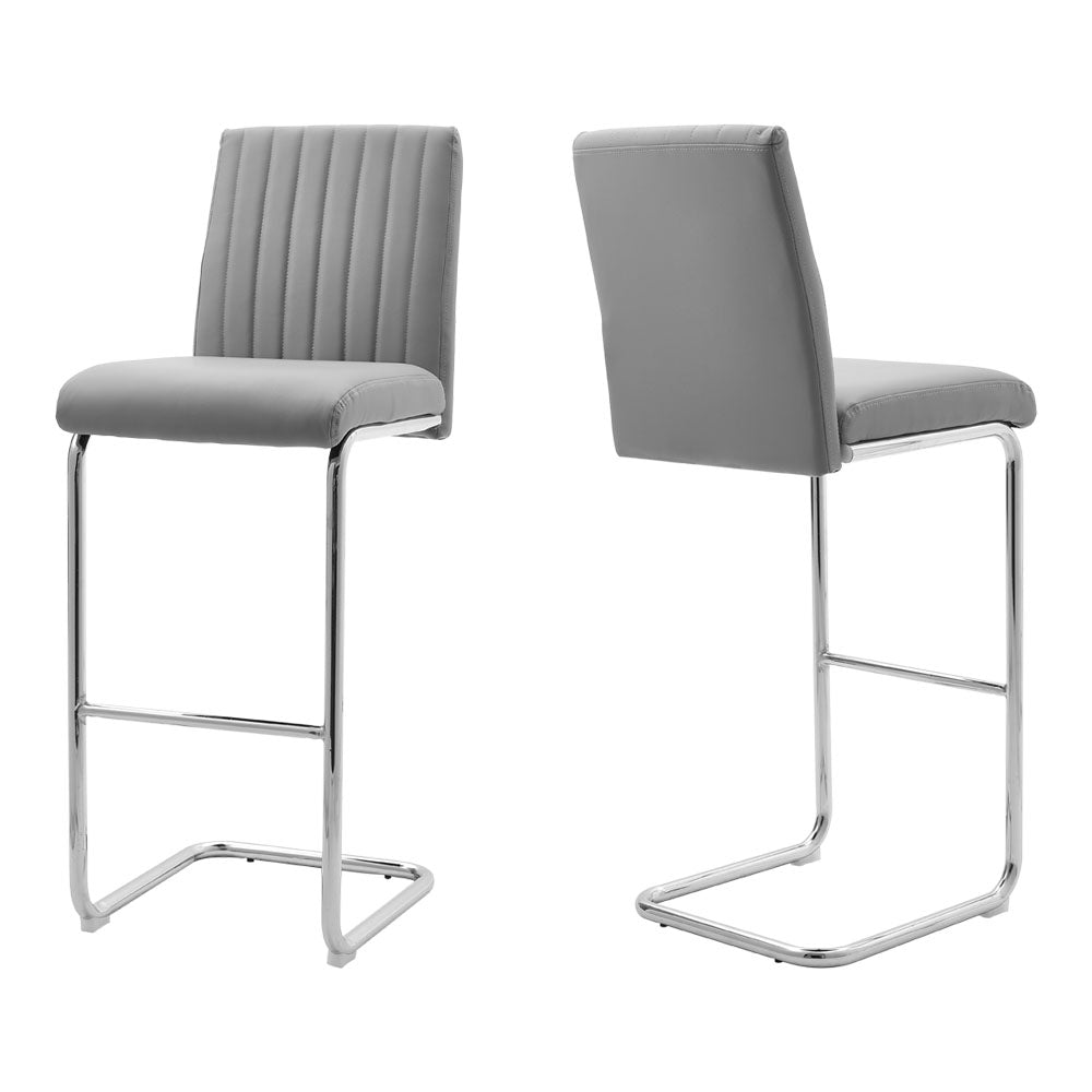 Set Of 2 Grey Pu Leather Bar Stools – Mid Back Counter Chairs With Channel Backrest & Metal Legs | Grey