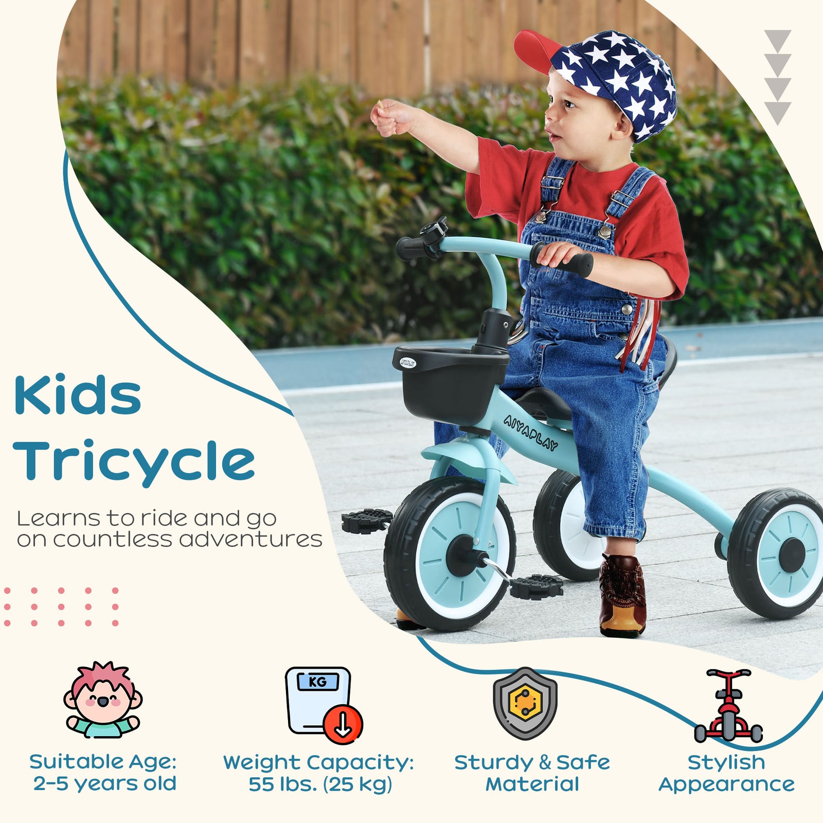 Trike W/ Adjustable Seat Basket, Kids Tricycle For 2-5 Years Old | Blue