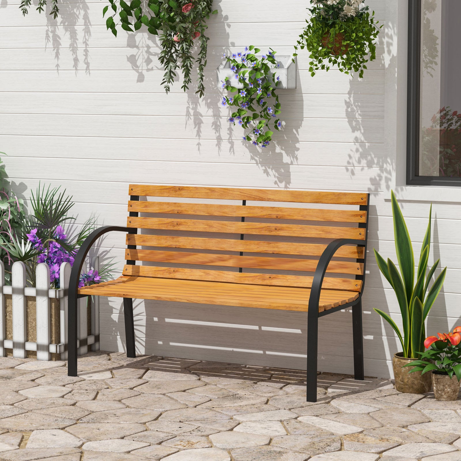 2 Seater Garden Bench Metal Wooden