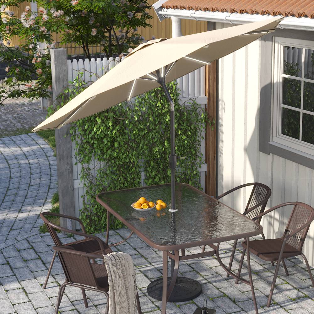 3m Solar Led Patio Umbrella, Outdoor Parasol With 16 Led Tubes, Crank Lift & Push Button Tilt With Resin Base | One Size | Beige