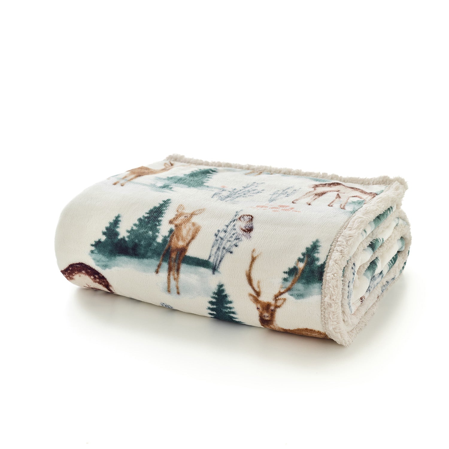 Winter Deers Sherpa Fleece Throw – 140 X 180cm Super Soft Woodland Animal Blanket With Flannel Front And Warm Sherpa Reverse | 140cm x 180cm | Cream