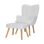 White Teddy Fabric Armchair With Ottoman, Iron Frame & Solid Oak Legs