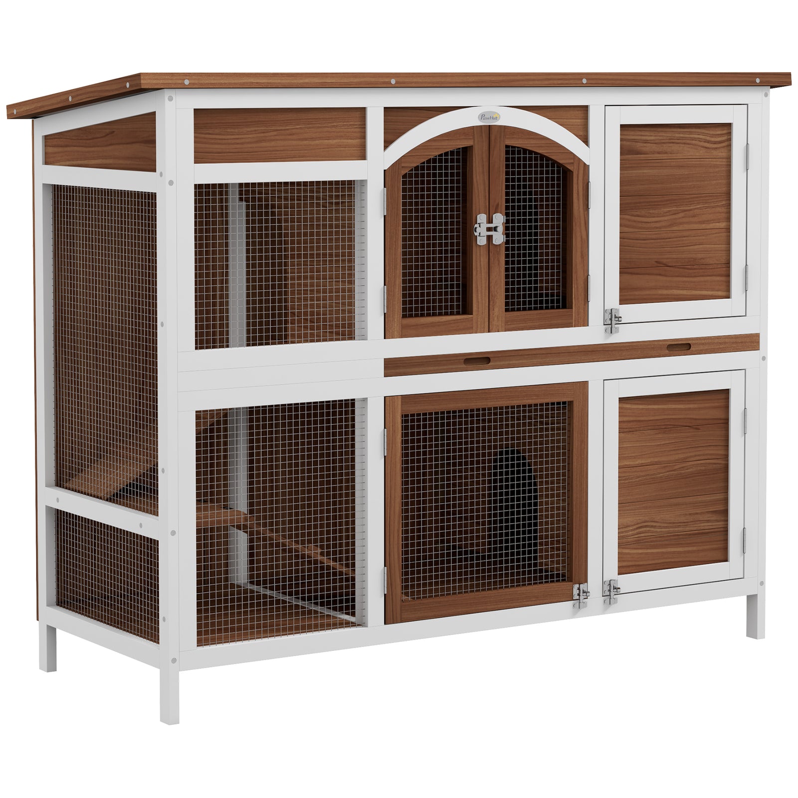 Two-tier Wooden Rabbit Hutch W/ Openable Roof, Slide-out Tray, Ramp | Brown