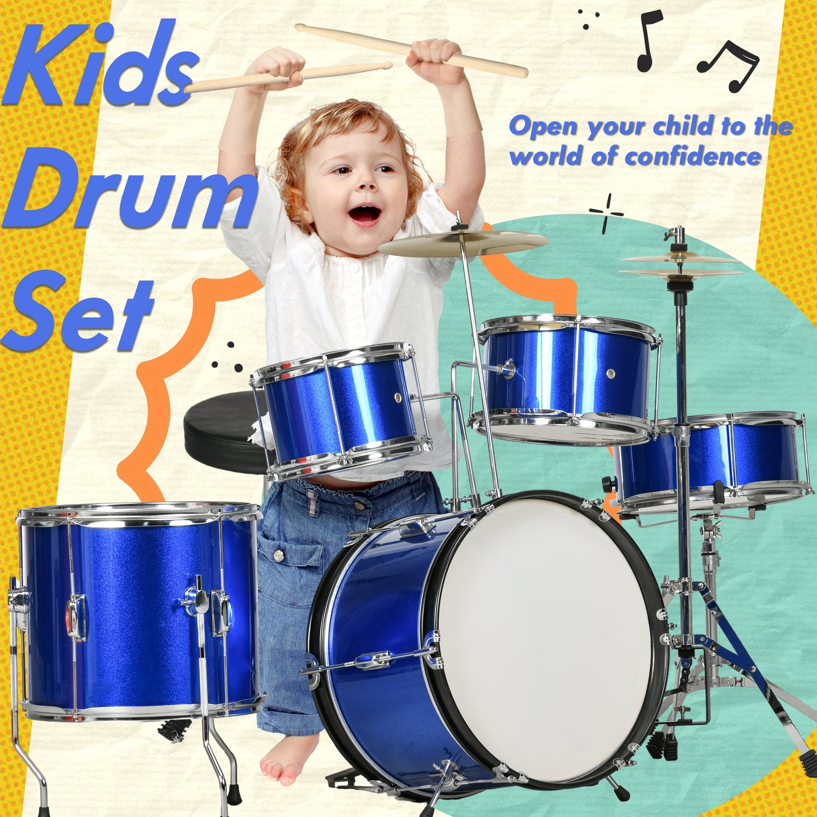11 Piece Junior Drum Set For Kids With Stool, Drumsticks, Blue | Blue