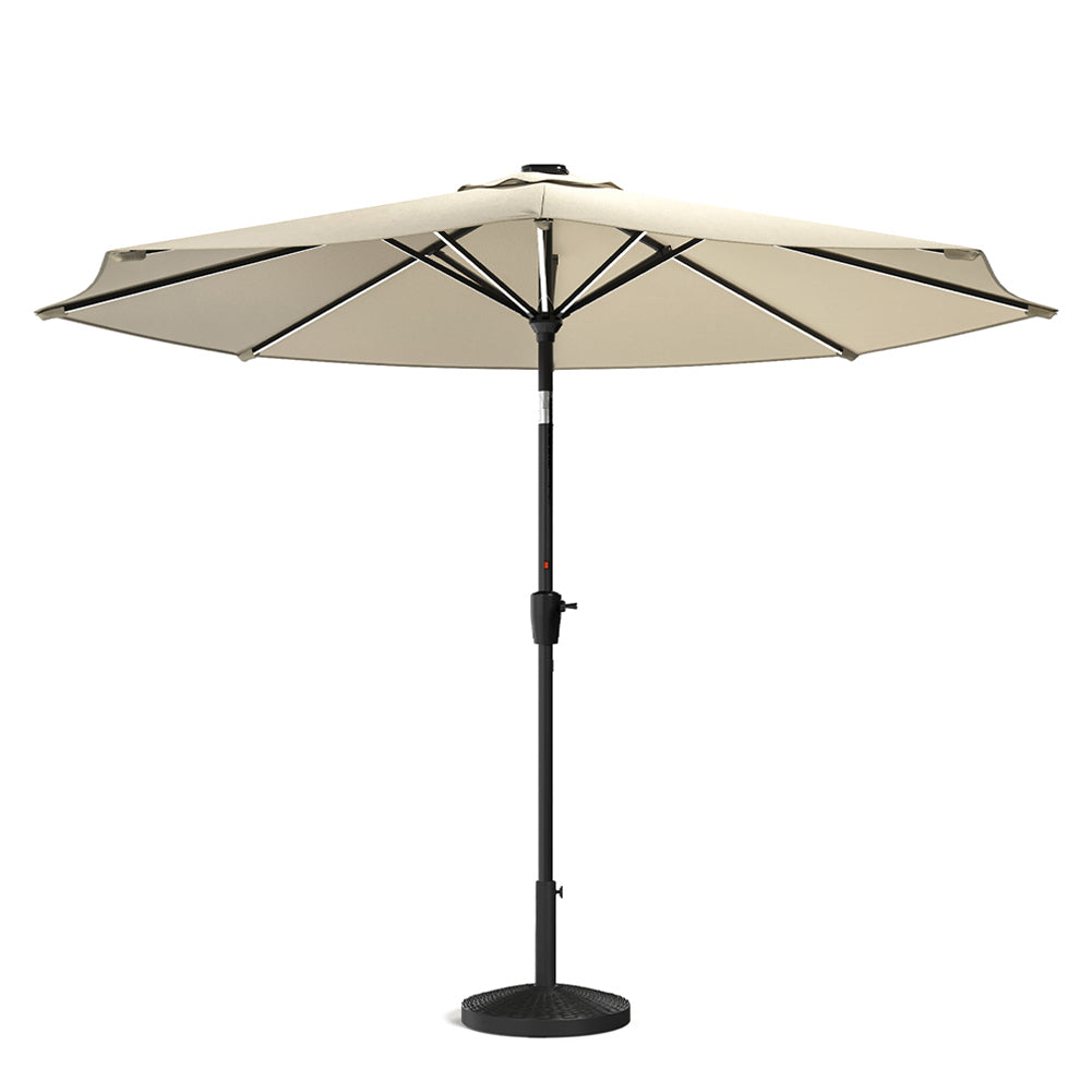 3m Solar Led Patio Umbrella, Outdoor Parasol With 16 Led Tubes, Crank Lift & Push Button Tilt With Round Base | One Size | Beige