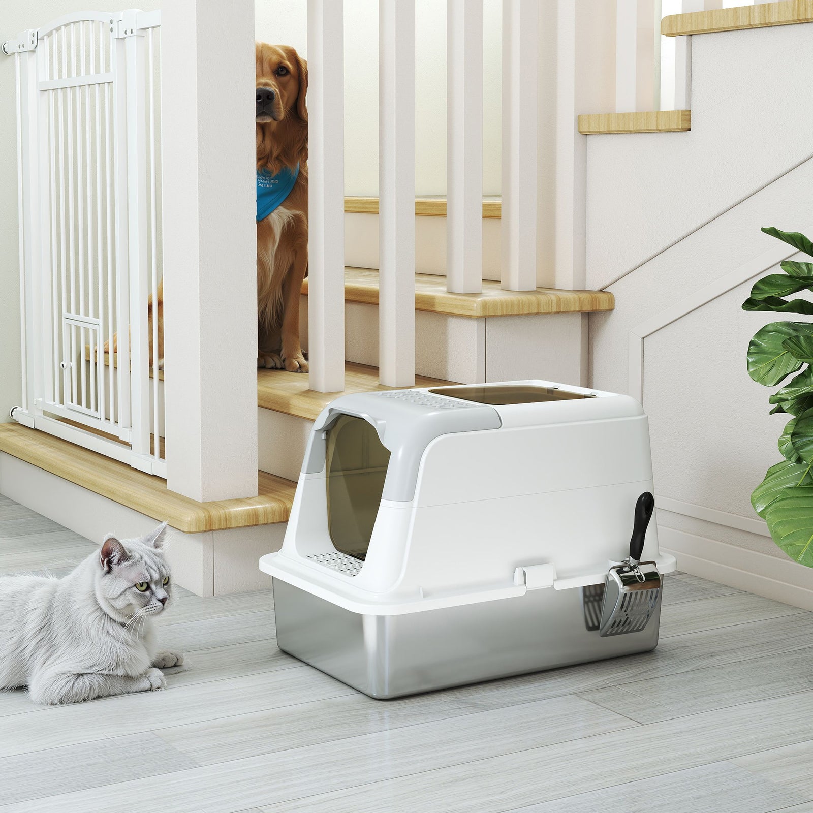 Stainless Steel Litter Box, Enclosed Metal Litter Tray With Scoop