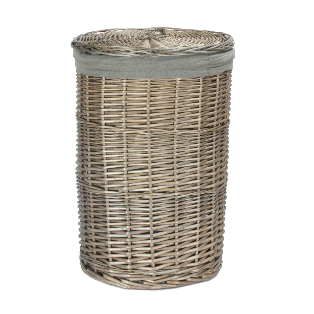 Antique Wash Round Linen Basket With Grey Sage Lining | Small