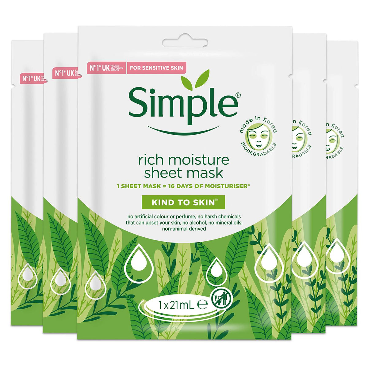 Kind To Skin Rich Moisture Sheet Mask For Sensitive Skin, 5packs | Set of 5 | White