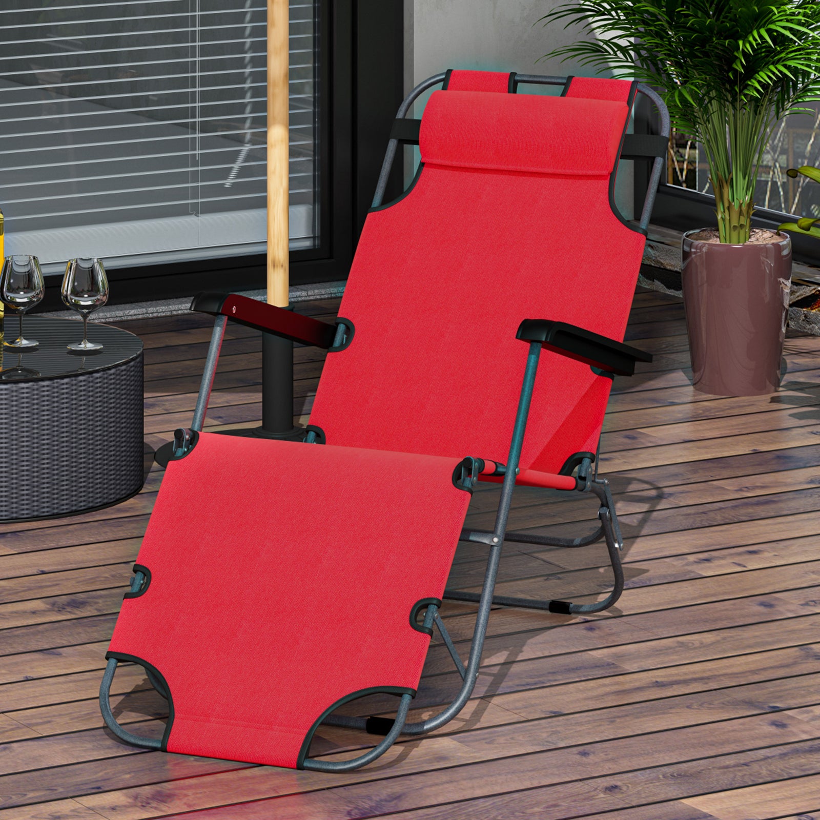 2 In 1 Outdoor Folding Sun Lounger W/adjustable Back, Pillow | Red
