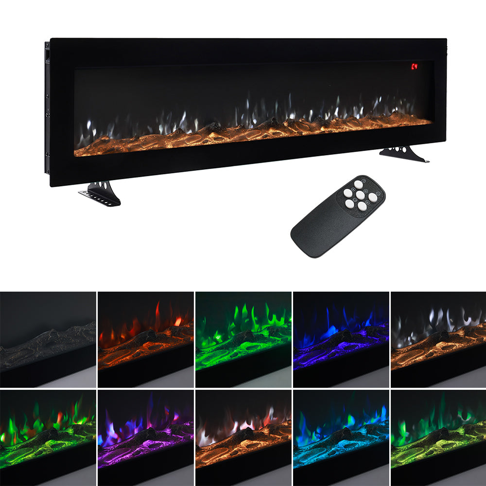40/50/60-inch Electric Fireplace, Wall Mounted Or Freestanding, Tempered Glass Panel, 12 Flame Colors, 5 Brightness Levels, Timer & Remote Control | Large | Black