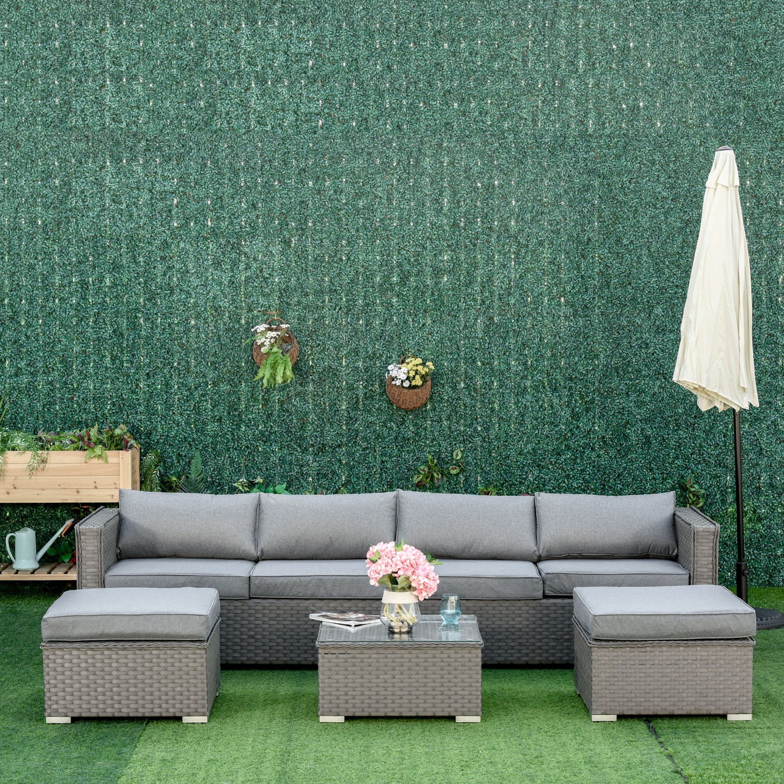 5 Pcs Pe Rattan Corner Sofa Set W/ Cushions