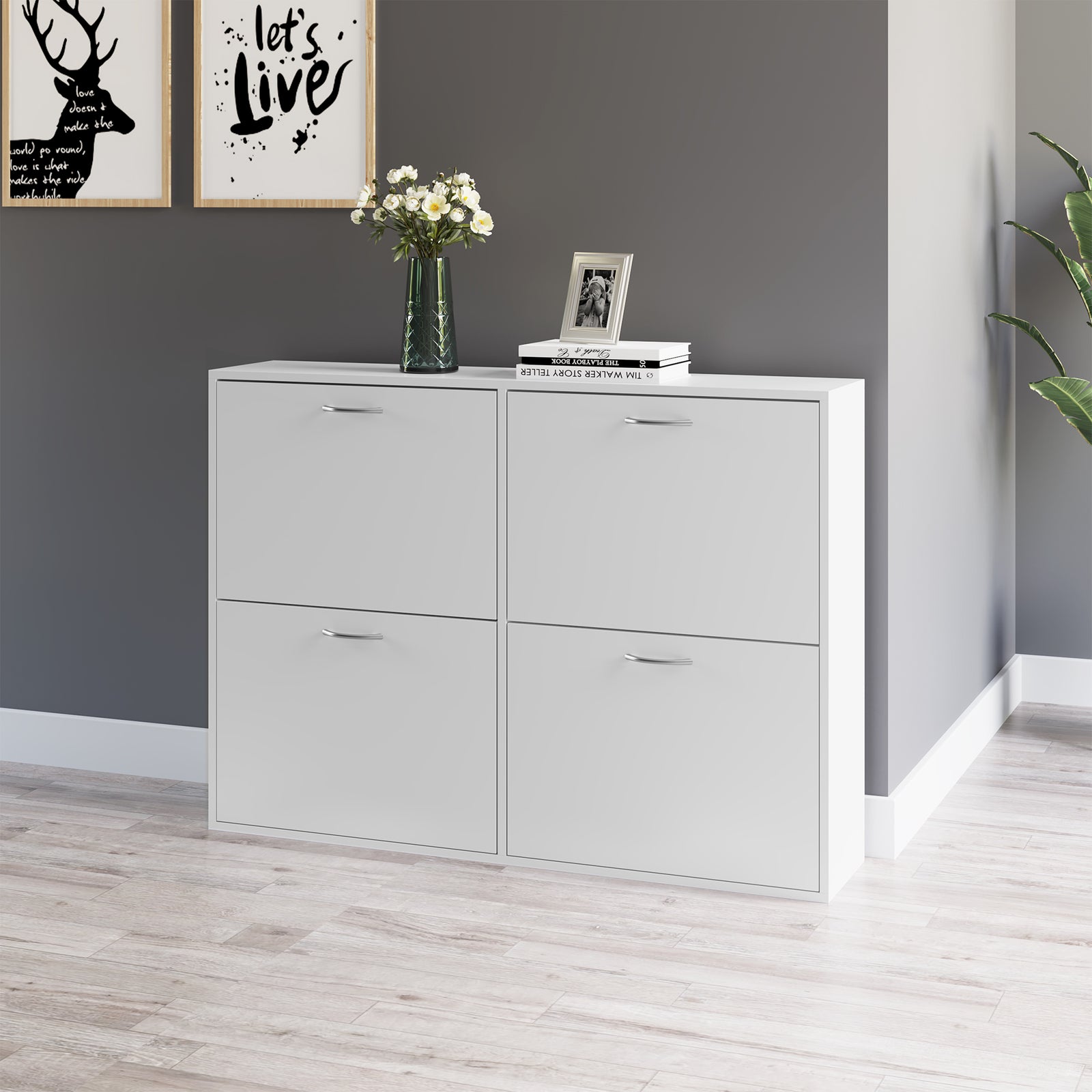 Wooden Shoes Cabinet Multi Flip Down Shelf Drawer Organizer | One Size | White