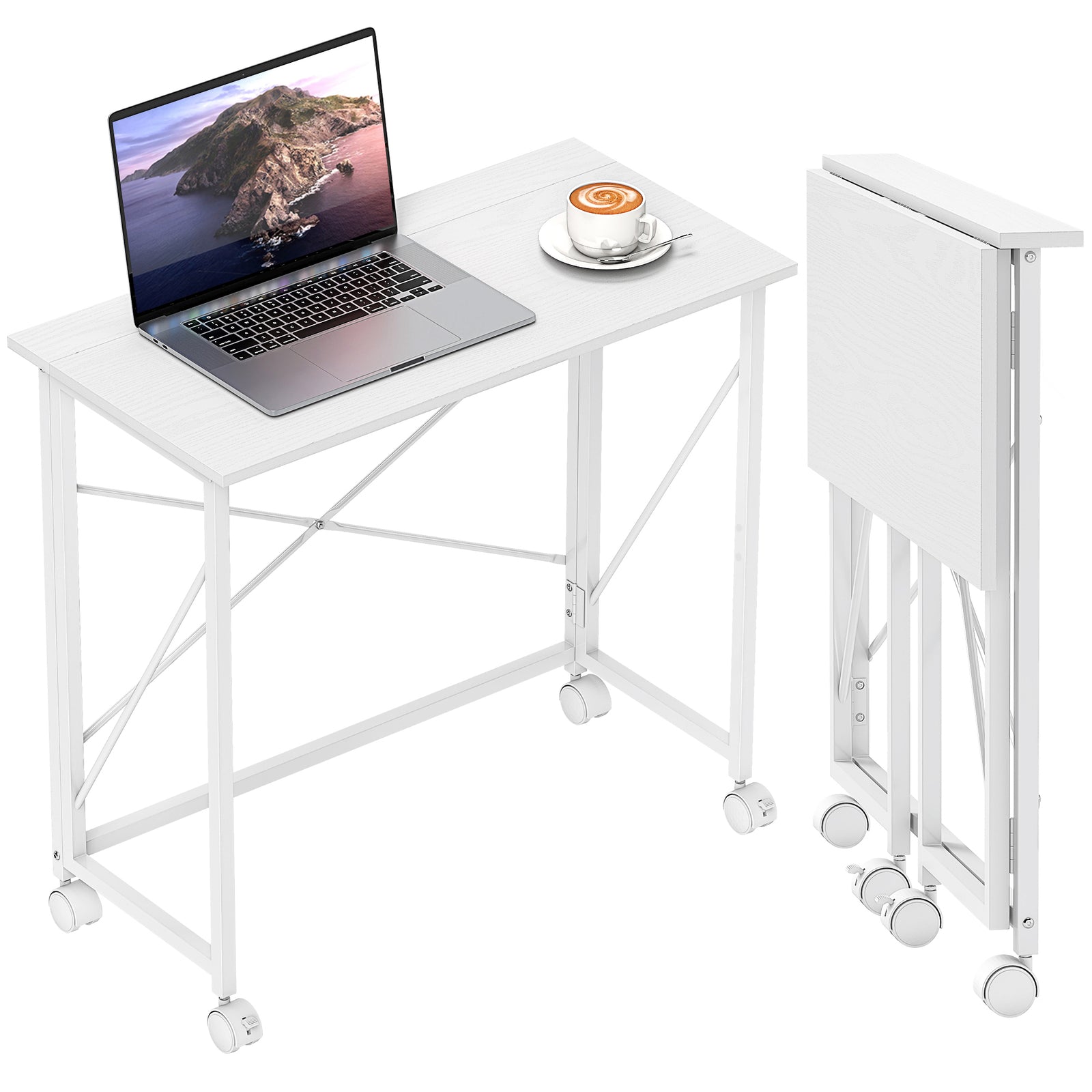 Folding Desk On Wheels, Writing Table For Home Office | White