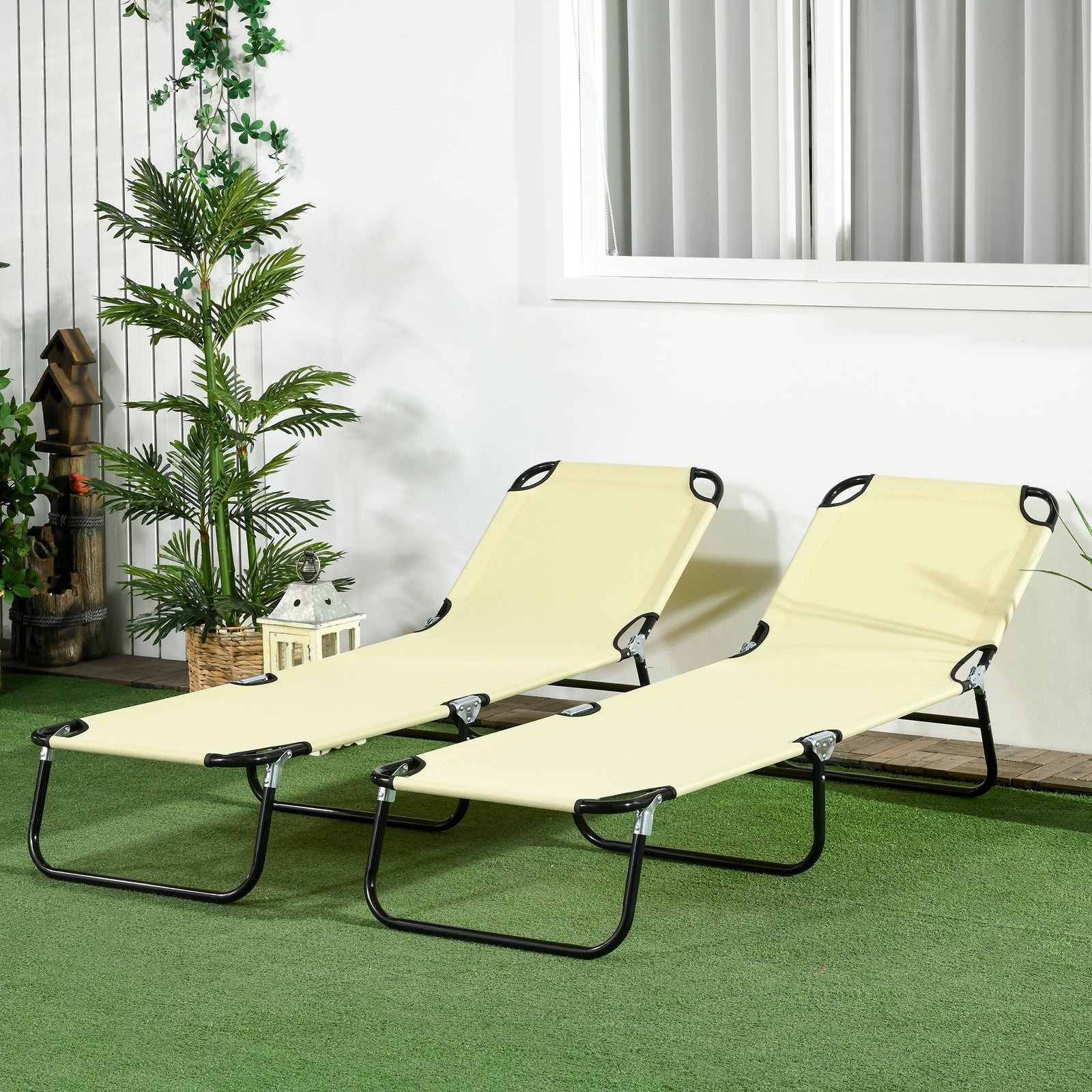 Folding Sun Loungers Set Of 2 With Adjustable Backrest | Beige