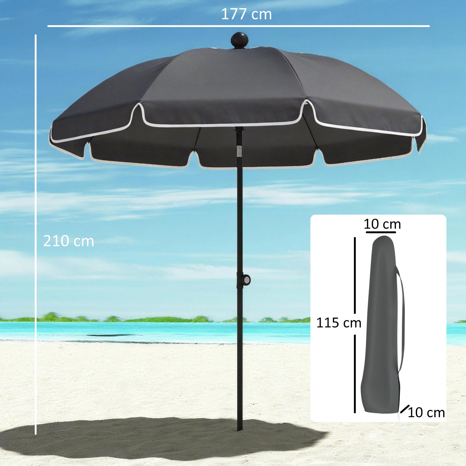 1.8 M Beach Umbrella Parasol With Sand Anchor, Tilt | Grey