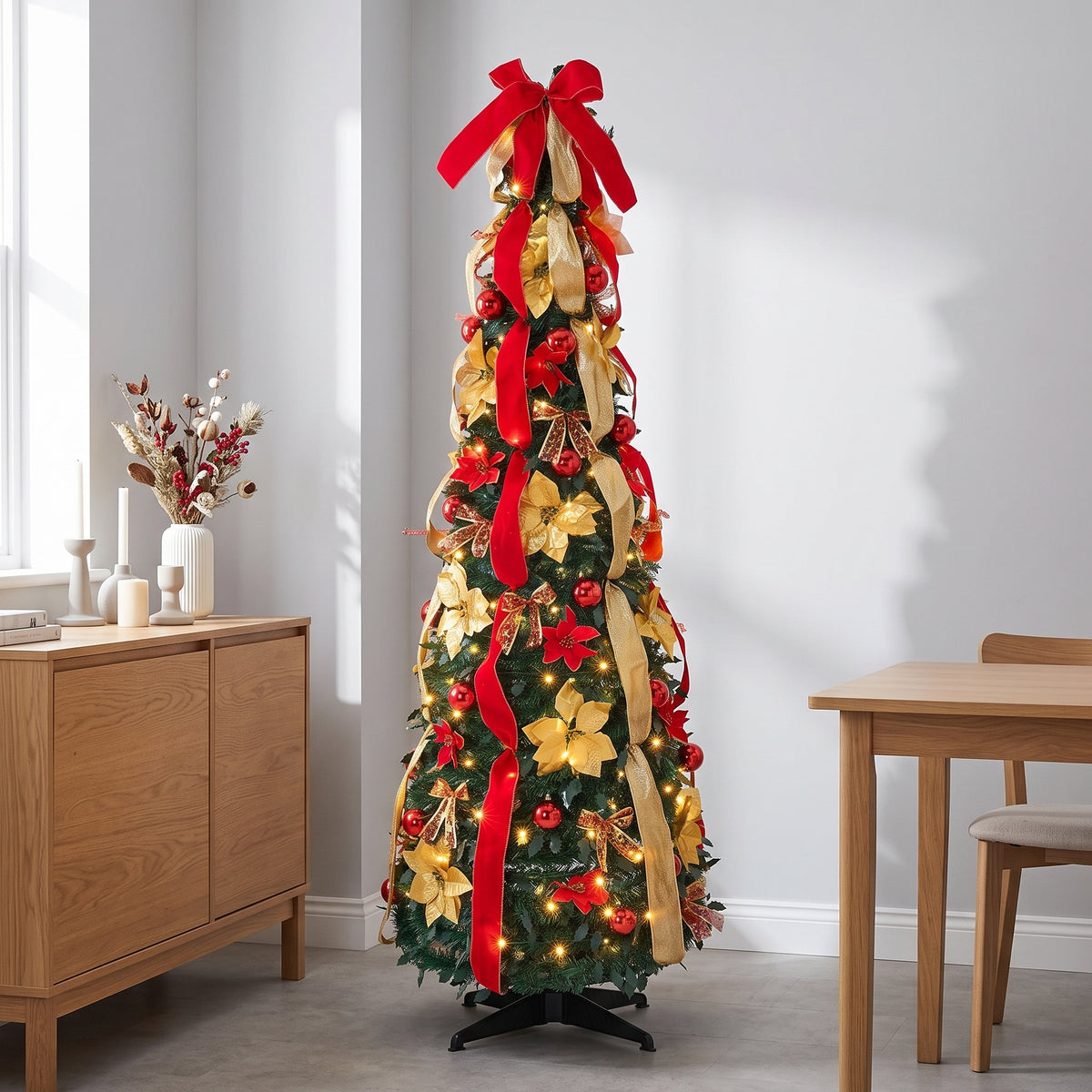 Breeins 180cm Pre-lit Decorated Christmas Tree With Red Bow, Ribbons & Baubles