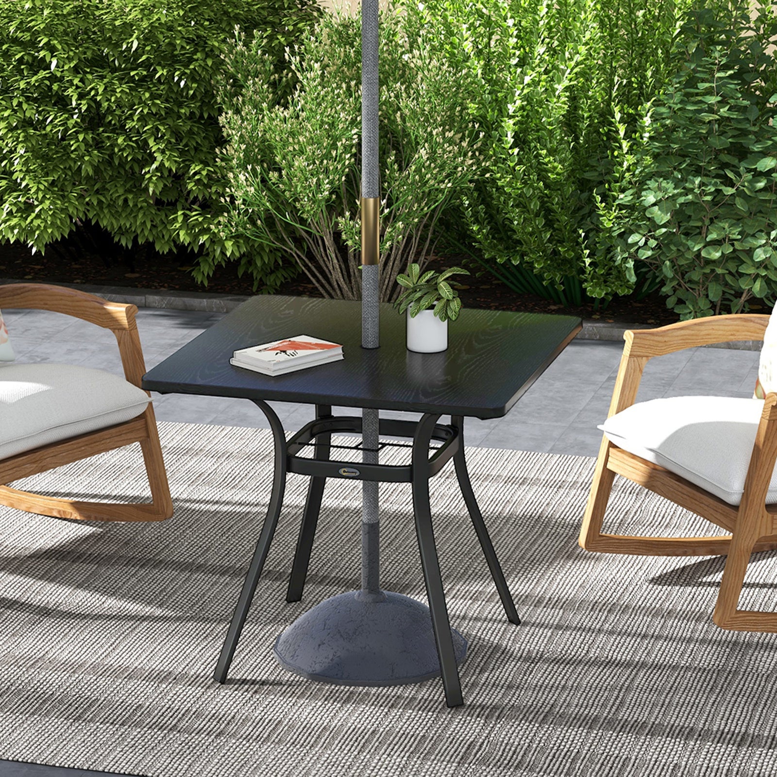 Outdoor Table, Metal Top, Steel Frame, Umbrella Hole, Black