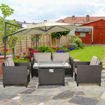 Rattan Garden Furniture Set W/ Gas Fire Pit Table, Cushion | Brown