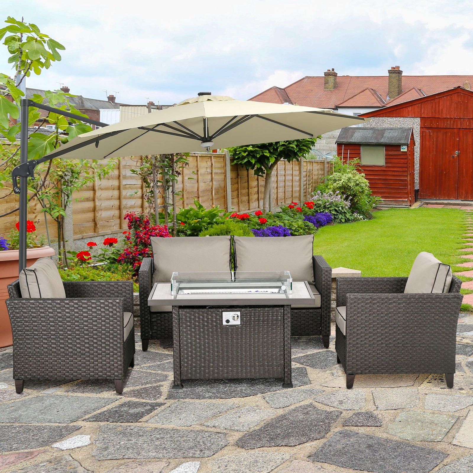 Rattan Garden Furniture Set W/ Gas Fire Pit Table, Cushion | Brown