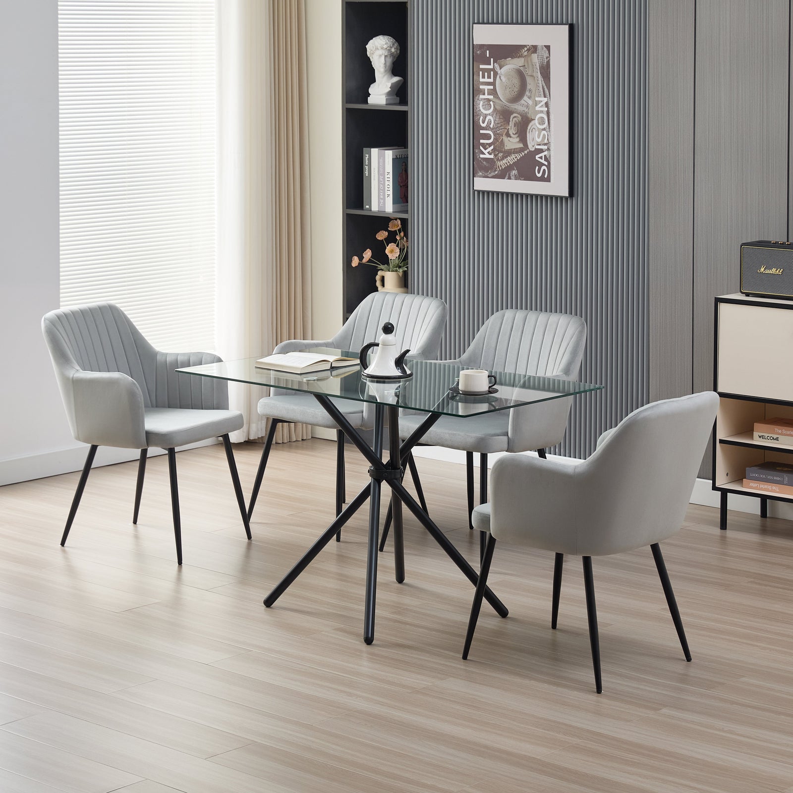 Elegant Miami Dining Table Set With 4 Velvet Charlotte Chairs | Grey