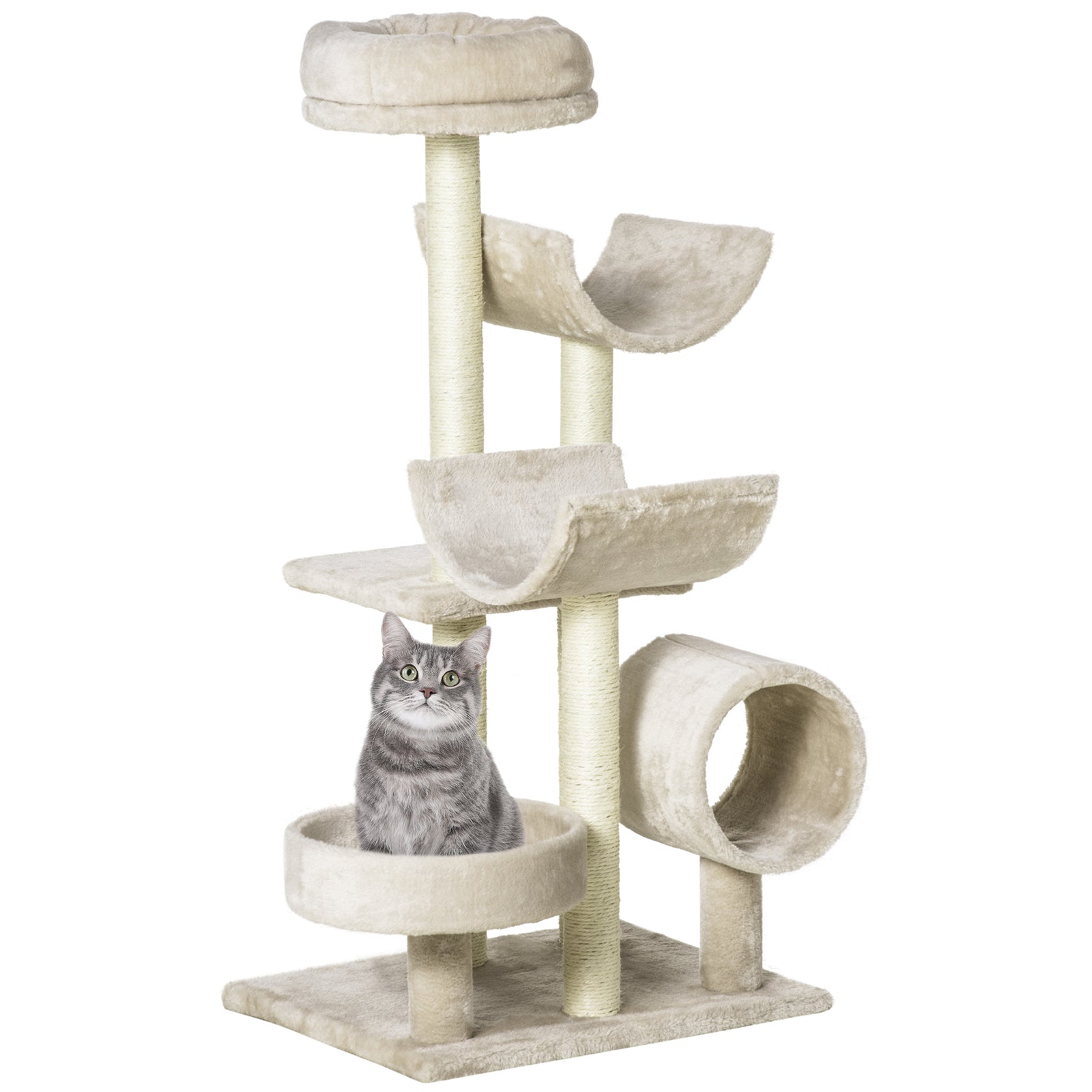 Cat Tree For Indoor Cats With Scratching Post Perch Tunnel Beige