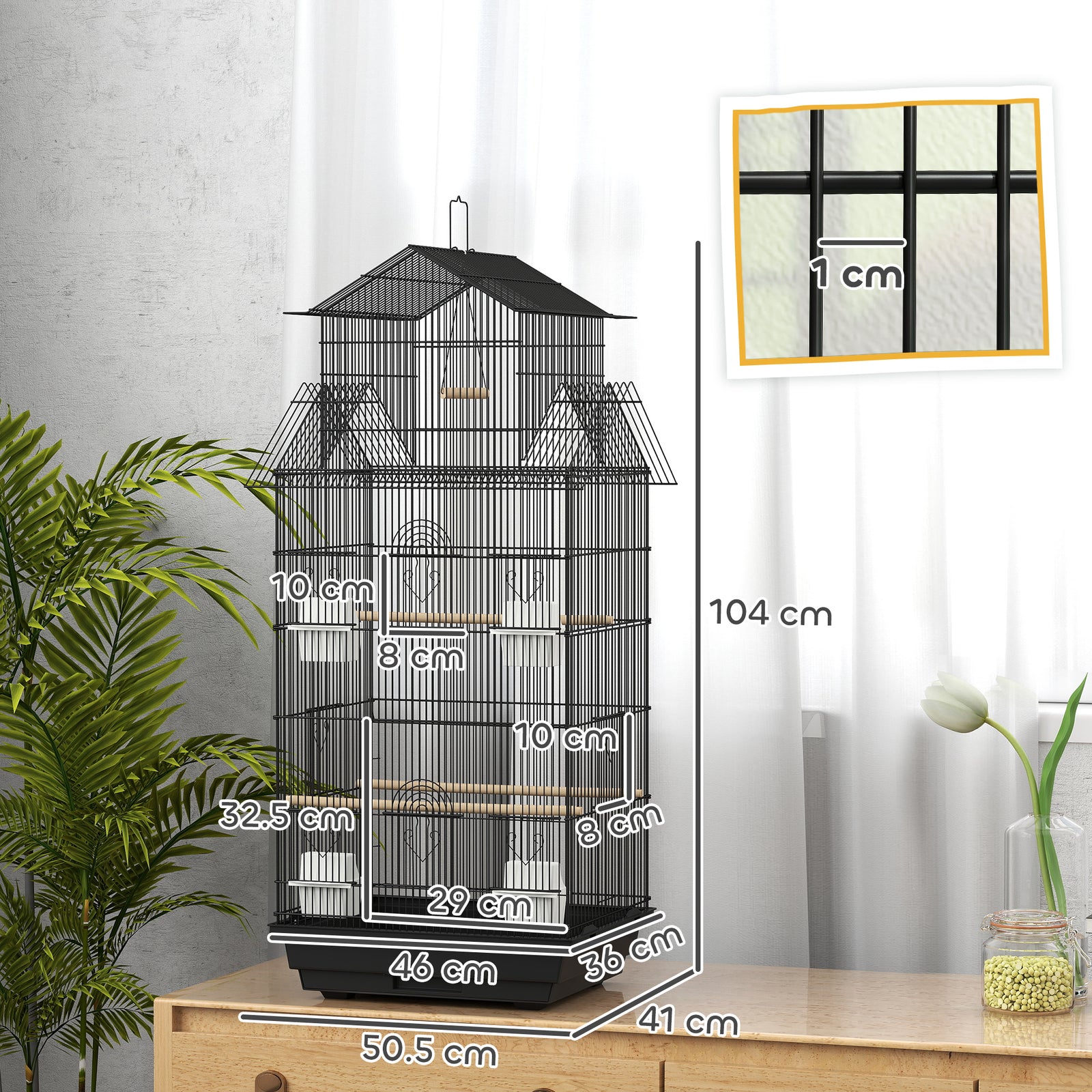 Metal Bird Cage W/ Perch, Food Container, Handle, For Finch, Canary | Small | Black