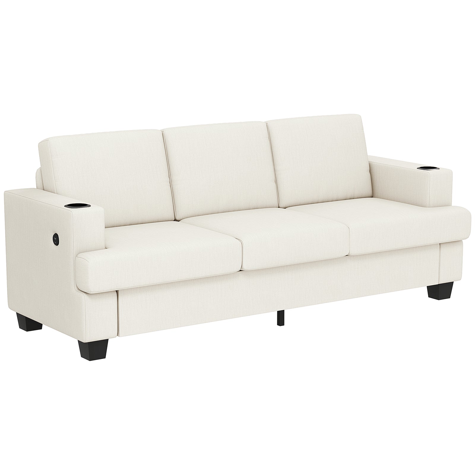 3 Seater Sofa, Fabric Sofa With Usb Ports And Cup Holders | White