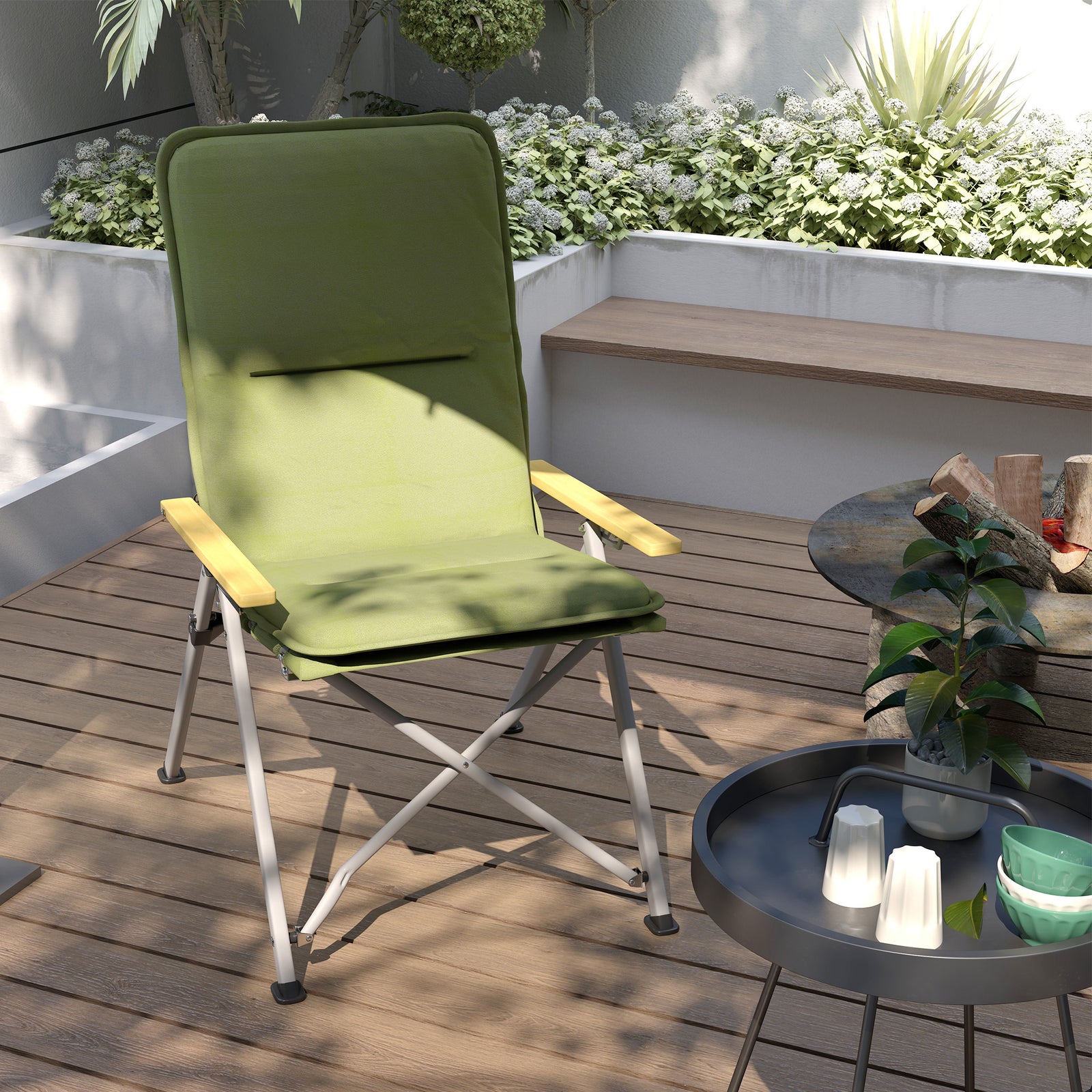 Padded Camp Chair Outdoor High Back Folding Recliner W/ Bag | Green