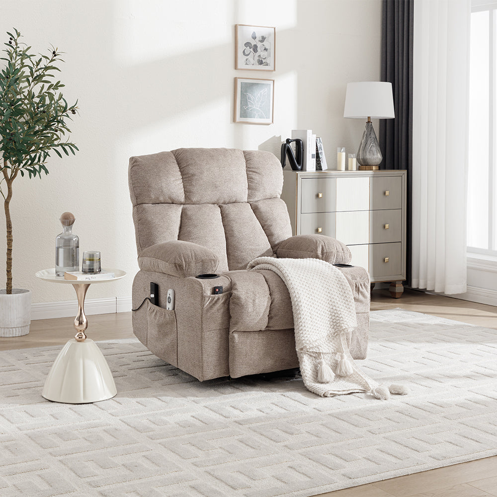 Oatmeal Electric Recliner Chair, Chenille Fabric, Heat & Massage, Cup Holders & Side Pockets