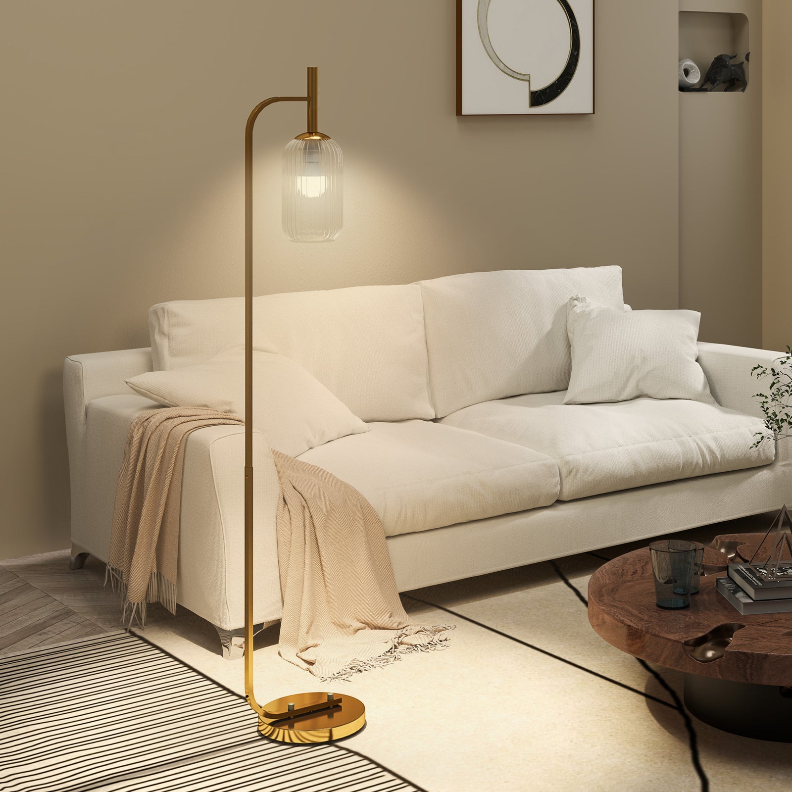 Modern Floor Lamp With Glass Lampshade, Foot Switch For Living Room | Gold