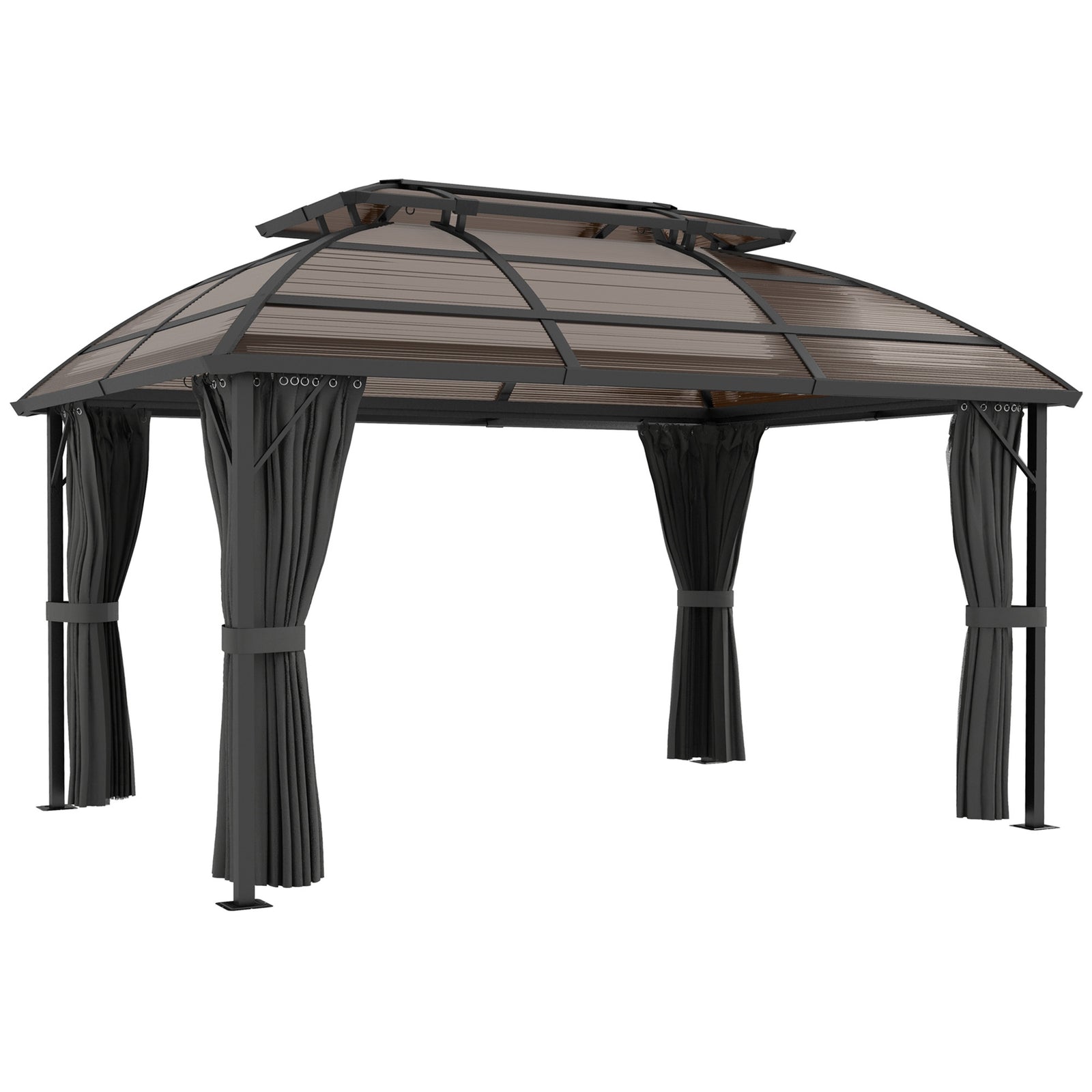 4 X 3(m) Polycarbonate Gazebo W/ Curtains, Nettings, 2 Roofs | Brown