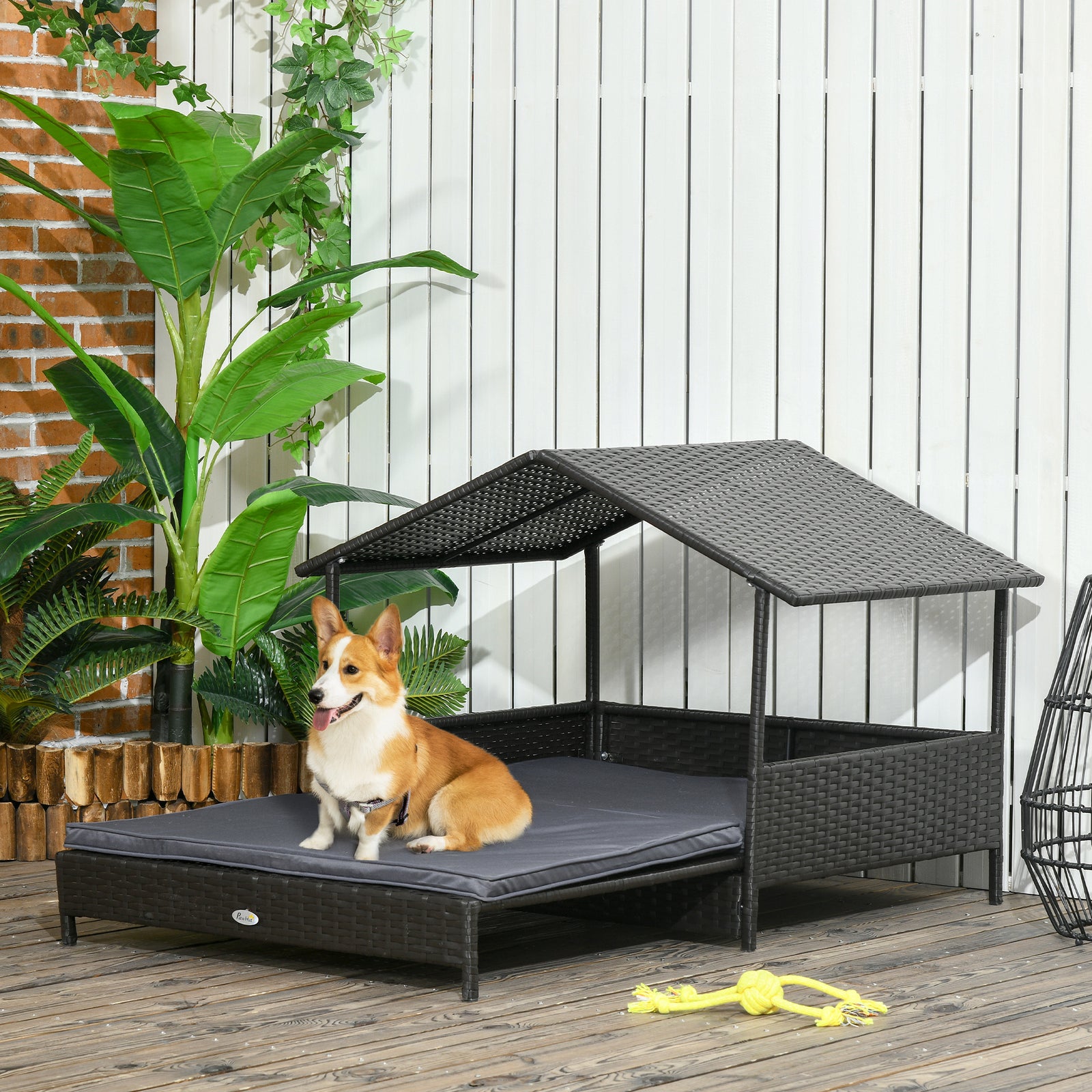 Pawhut Extendable Rattan Dog House W/ Water-resistant Roof, Cushion | Gray