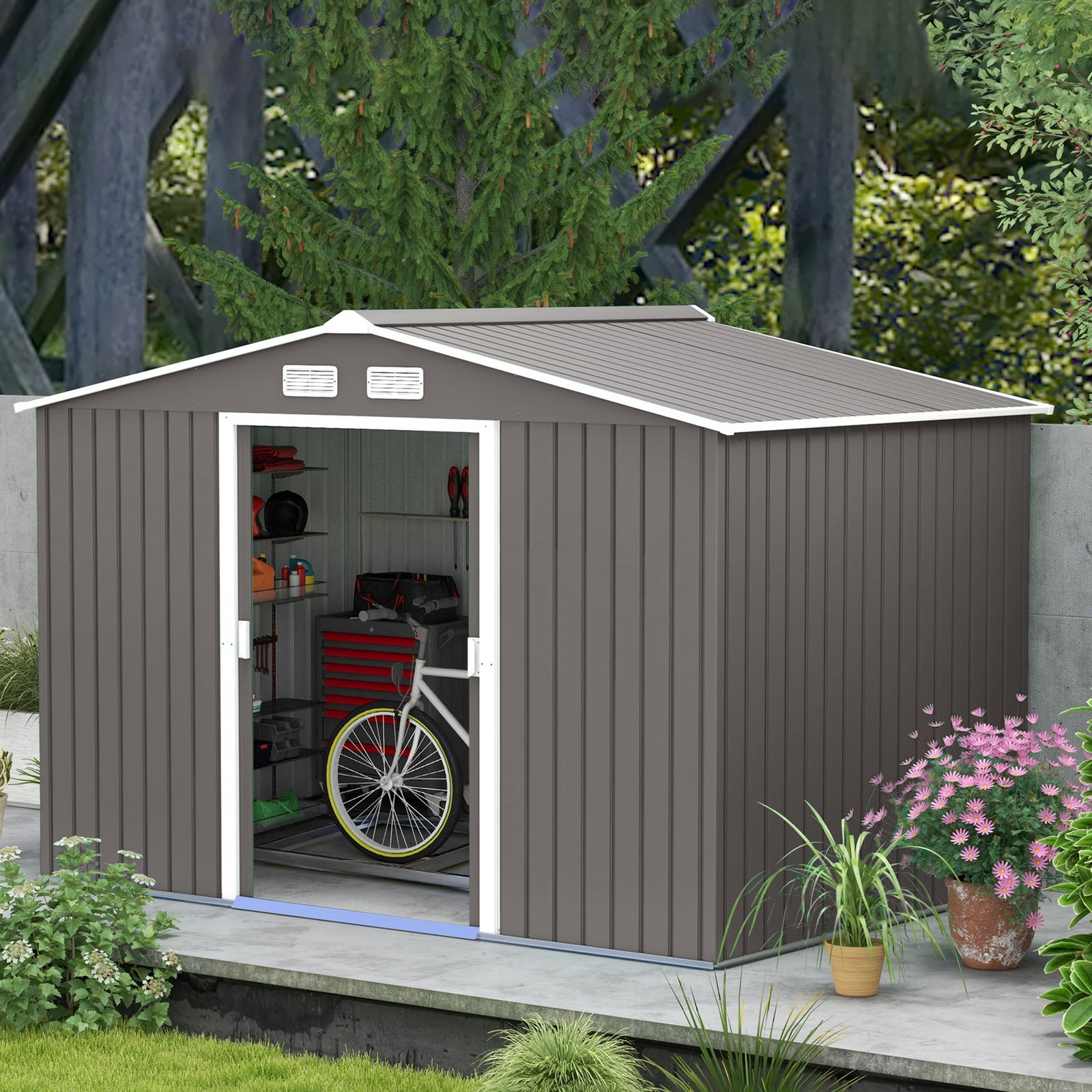 Garden Shed Storage Unit With Locking Door Floor Foundation | Medium | Gray