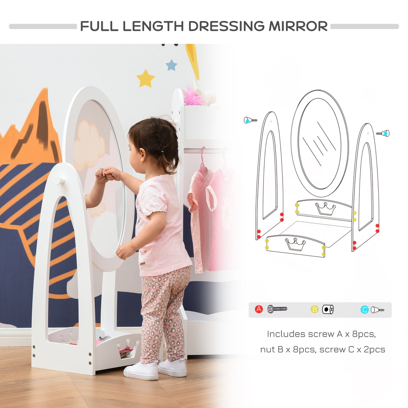 Free Standing Kids' Dressing Mirror With Storage For 3- 8 Years Old White