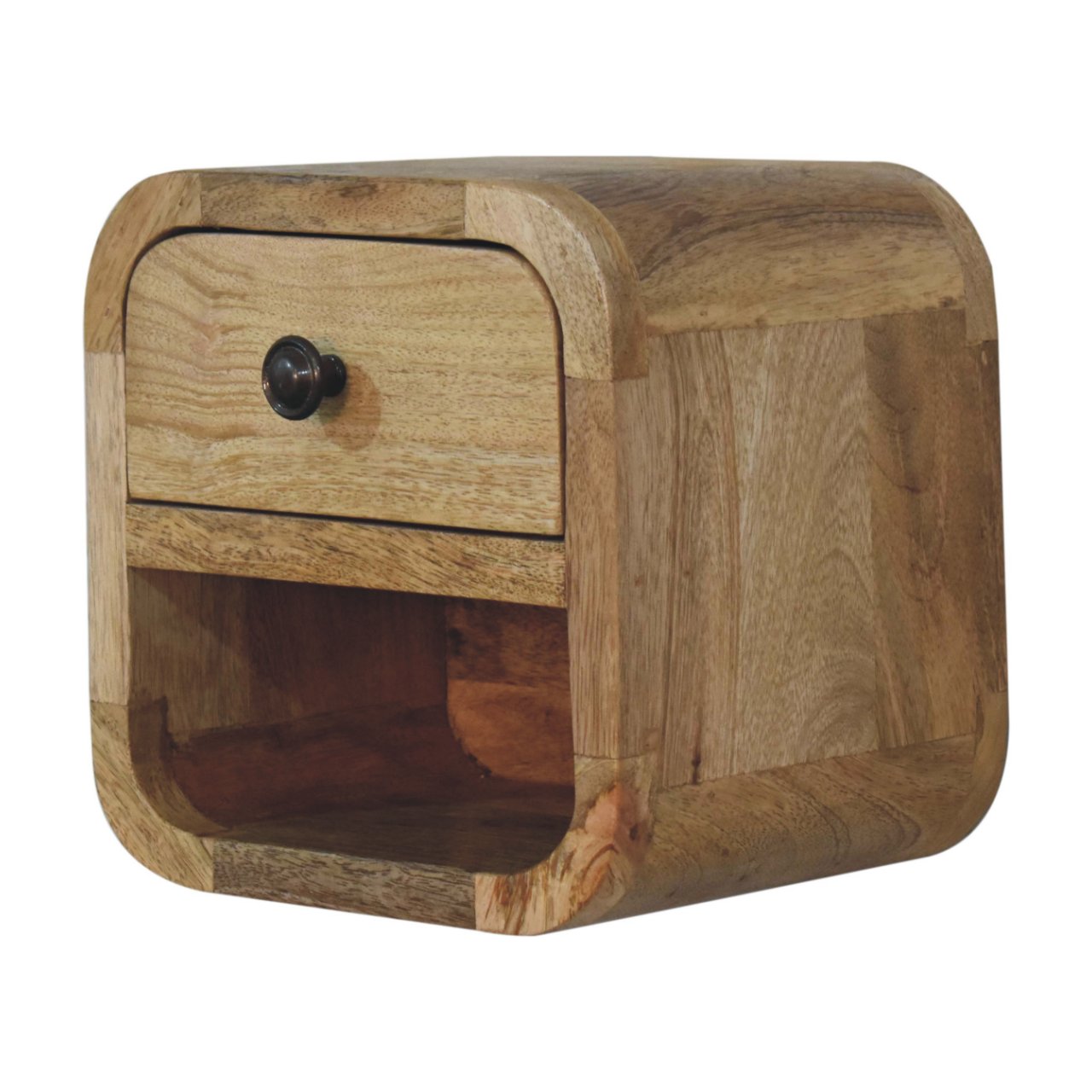 Solid Wood Extra Mini Curved Oak-ish Bedside With Open Slot
