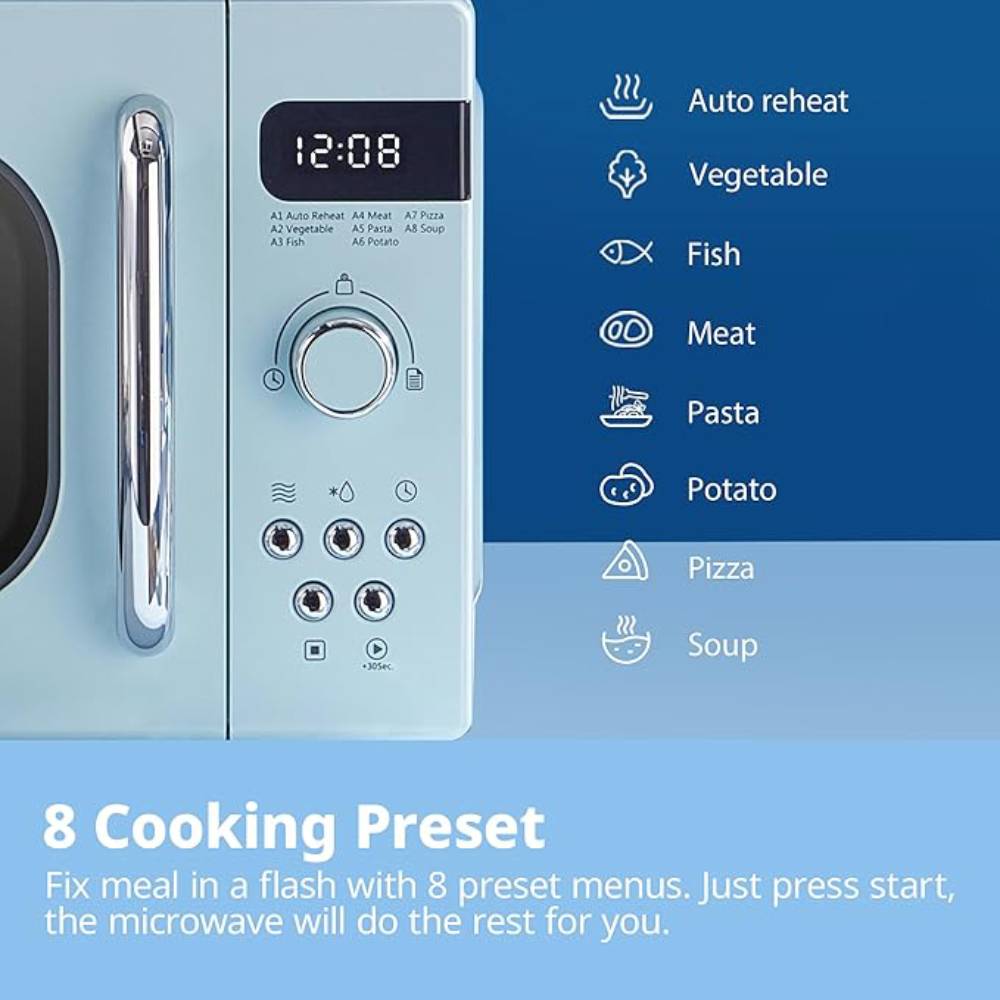 800w 20l Retro Microwave Oven With Led Display | Pastel Blue