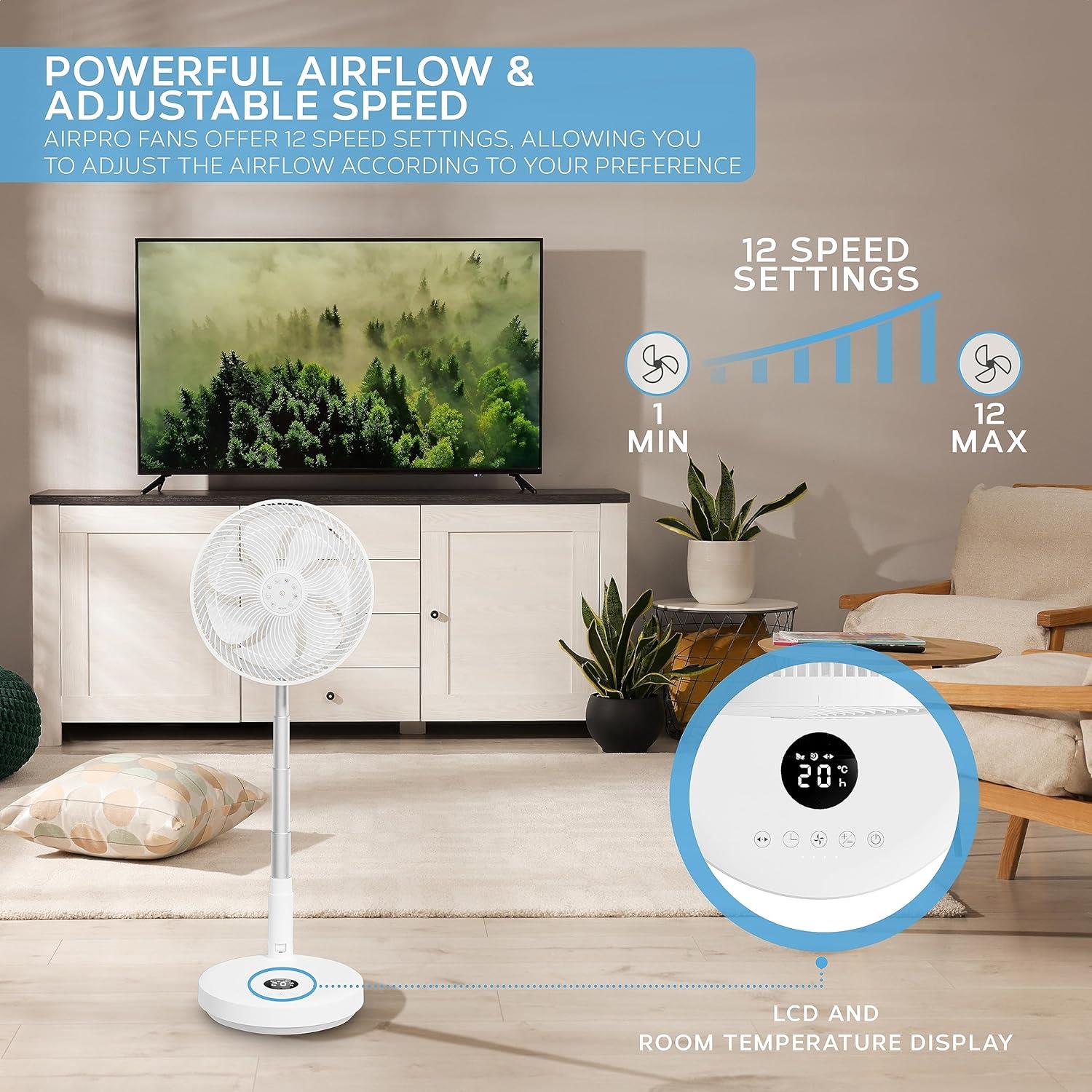 13.5'' Pedestal Fan With Remote Control - Oscillating & Portable Foldable Height Adjustable Cooling Led Display 12 Speed Turbo Quiet Circulation For Bedroom, Homes Office | Snow