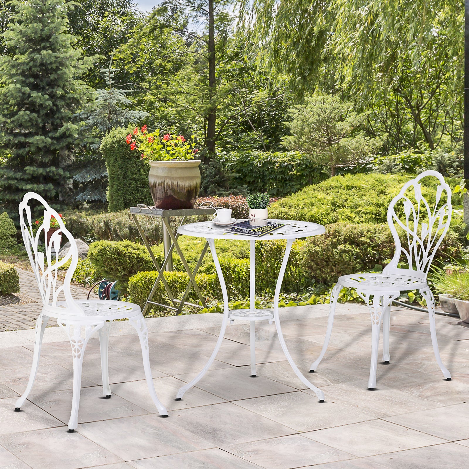 3 Piece Patio Bistro Set, Aluminium Garden Table And Chairs | White