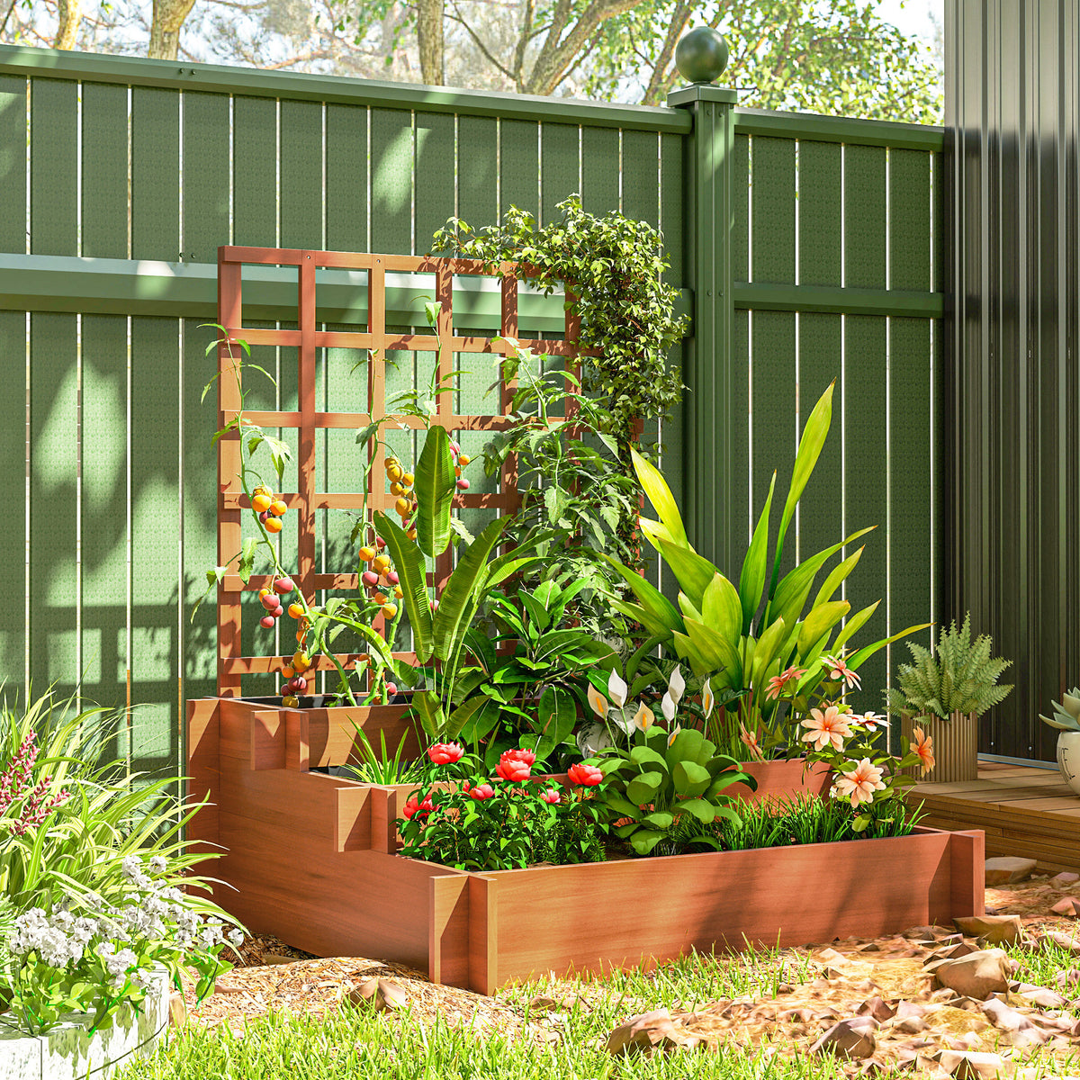 3 Tier Wooden Garden Planters With Trellis For Vine Climbing Plants | Brown