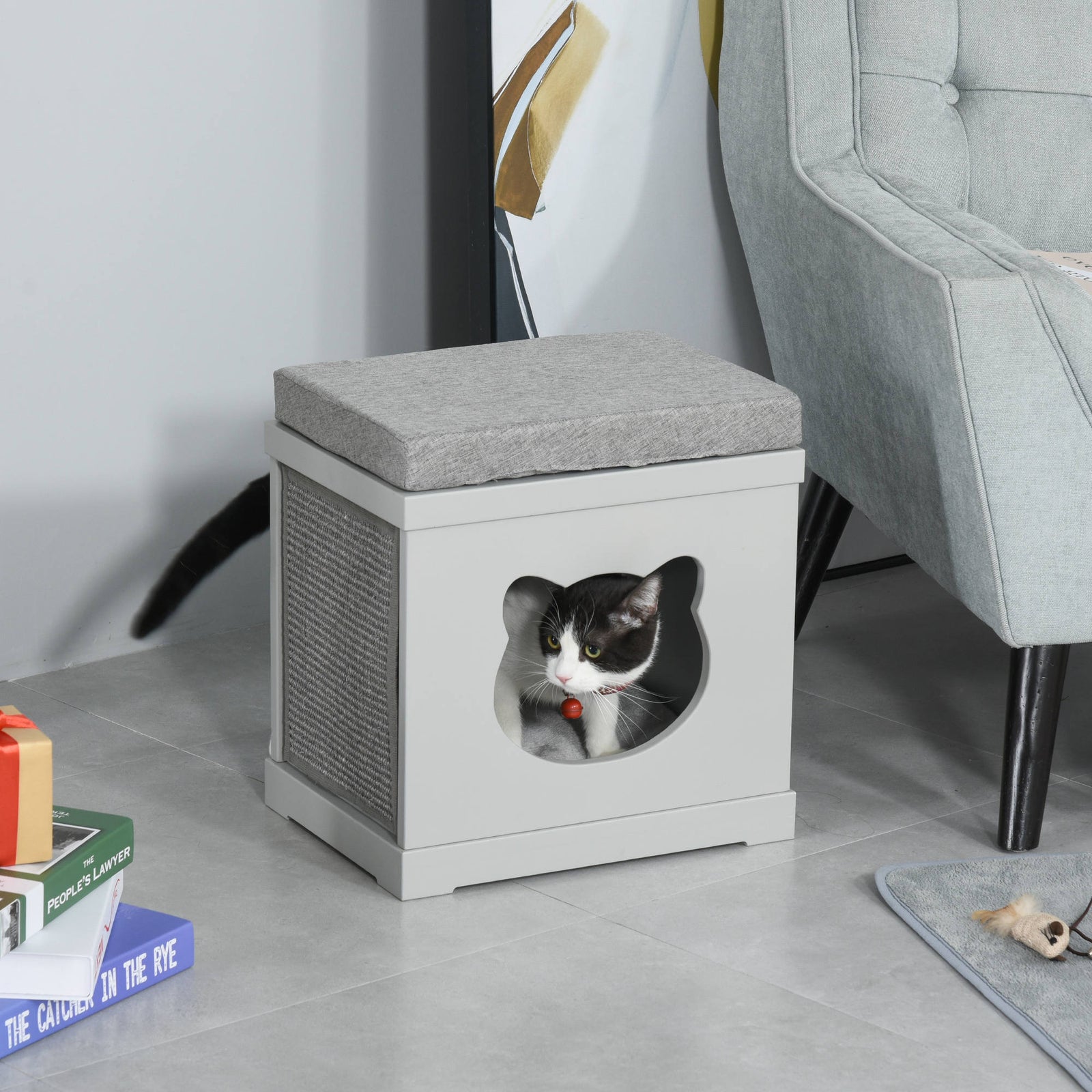 Cat House Bed Kitten Cave Cube Indoor W/soft Cushion Sisal Scratching Pad