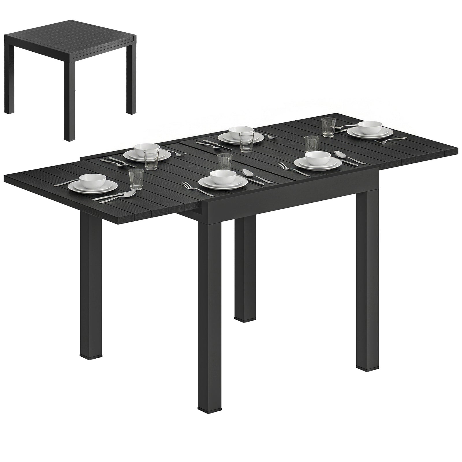 Outsunny Aluminium Extending Garden Table With Faux Wood Slatted Top, Black