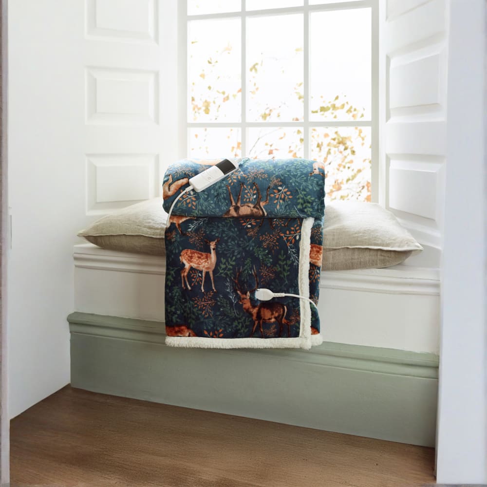 Fox & Deer Heated Sherpa Throw – 140x180cm Electric Blanket With Adjustable Heat Settings | 140cm x 180cm | Teal