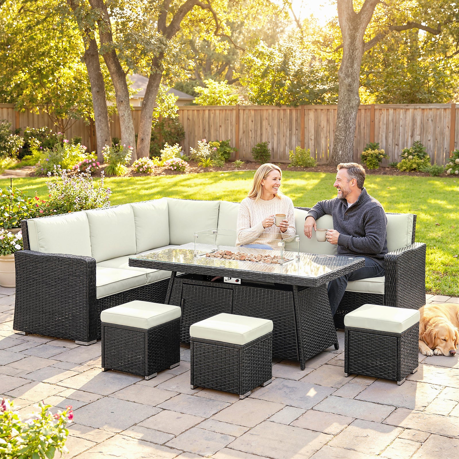 7 Pieces Rattan Garden Furniture Set W/ 50,000 Btu Fire Pit Table | Cream