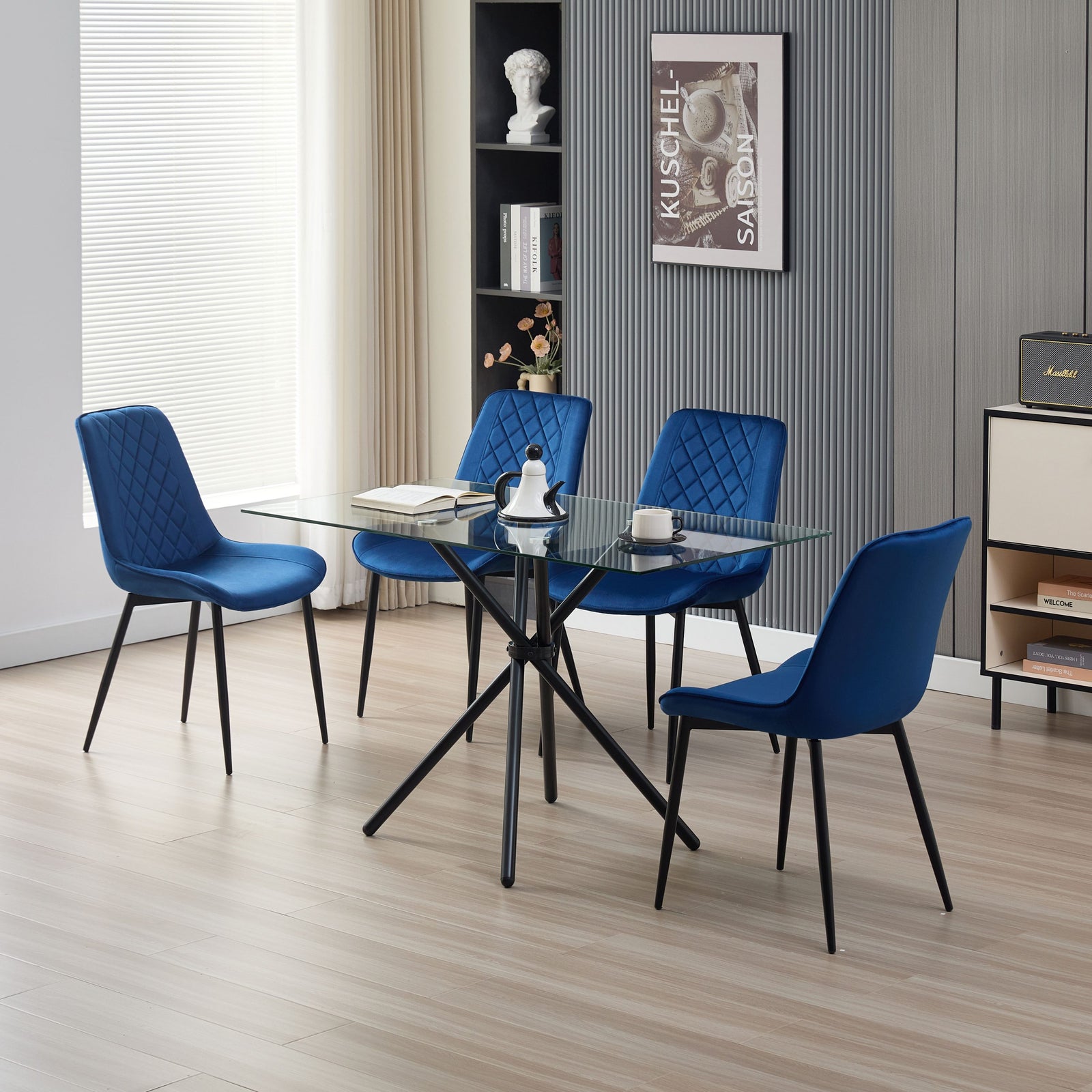 Stylish Miami Dining Table Set With 4 Velvet Amelia Chairs | Blue