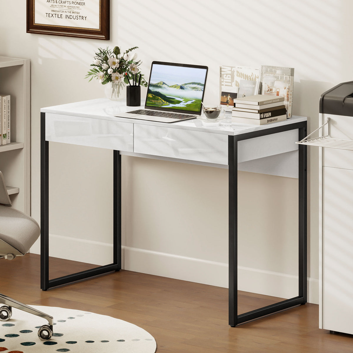 HOMCOM Modern Home Office Desk With High Gloss 2 Drawers Finish White Black