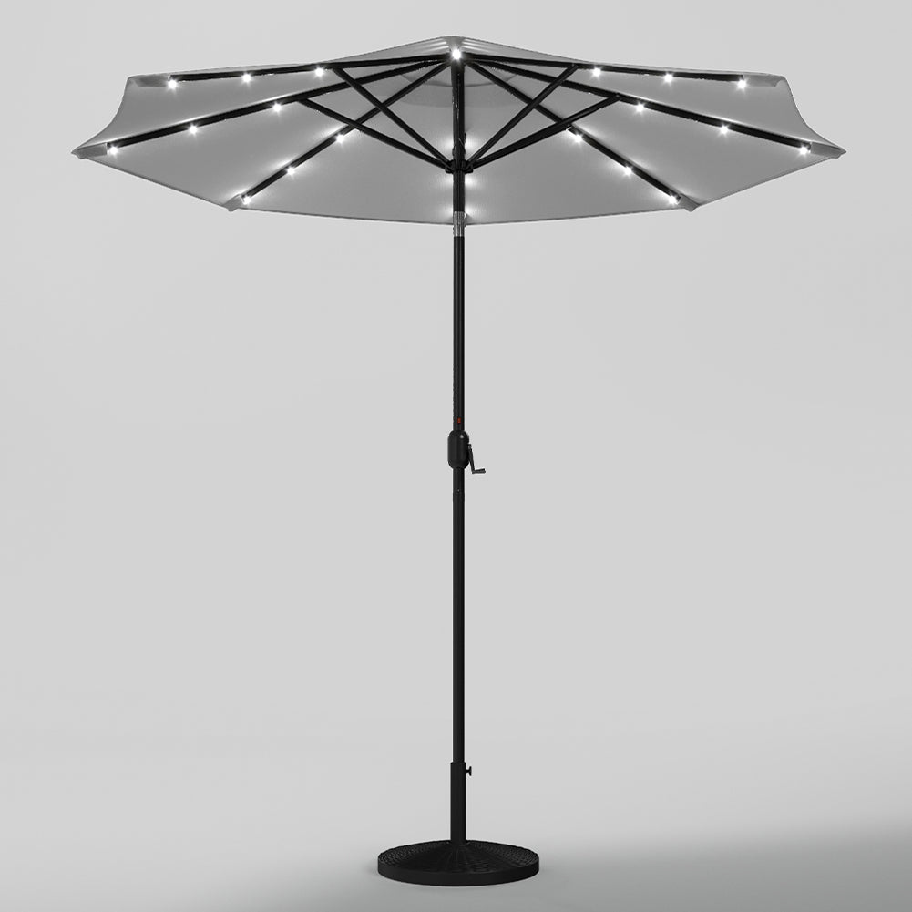 3m Outdoor Patio Parasol – Solar-powered Umbrella With 24 Led Lights, Tilt & Crank Handle, With Round Base | One Size | Light Grey