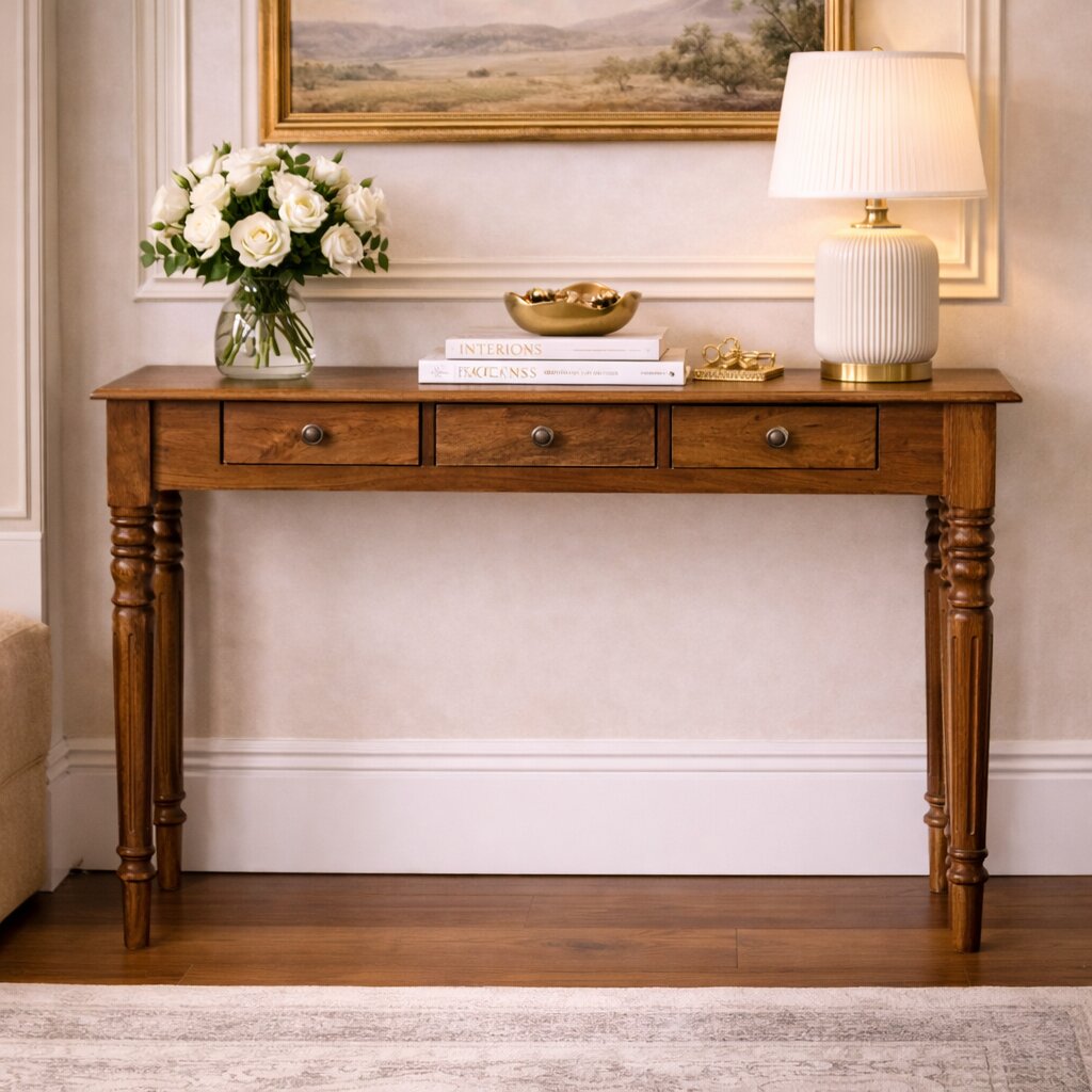 Artisan Furniture Solid Wood Three Drawer Console With Turned Legs, Brown