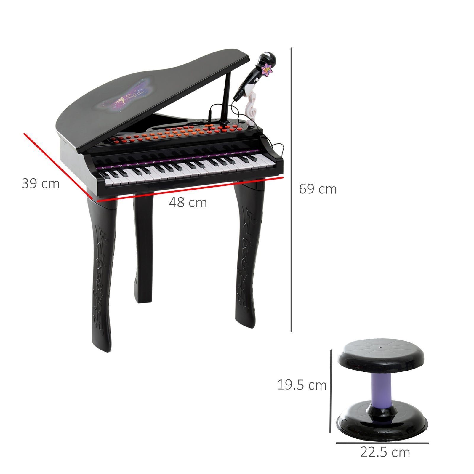 37 Key Musical Mini Piano Electrionic Keyboard Microphone Stool | Black