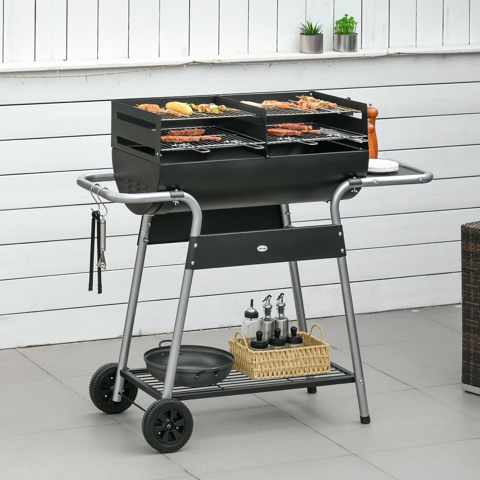 Charcoal Grill Trolley, Double Grill, Side Table | Black