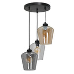 Santiago Triple Black Pendant Lamp E27 Hand Made With Elegant Glassshades In Delicate Amber Cool Smoked Grey And Clear